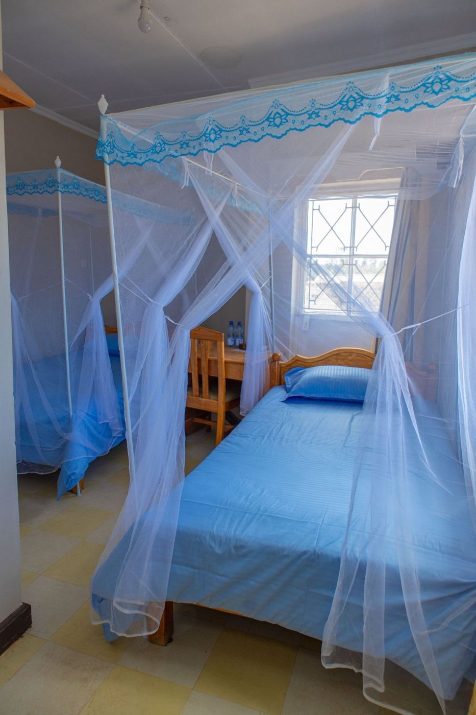Twin room with two blue beds, mosquito nets and a shared desk